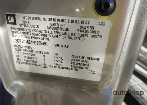 2005 Chevrolet Suburban 1500 Lt из США, поврежденный, VIN 3GNEC16Z15G205491